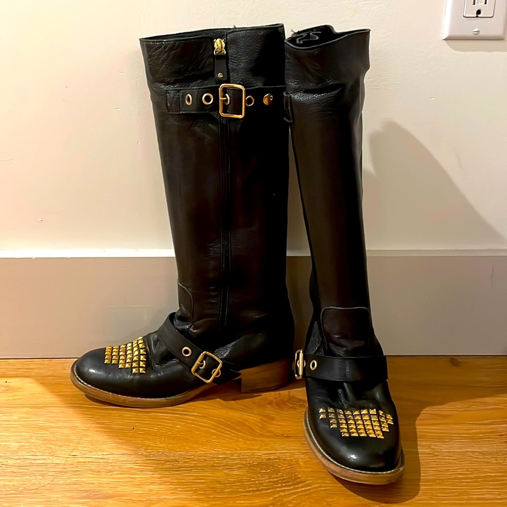 Anna Sui leather studded moto boots